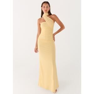 Pepper Mayo Yellow Songbird Maxi Dress Ruched Detail Summer Preppy Formal Trendy